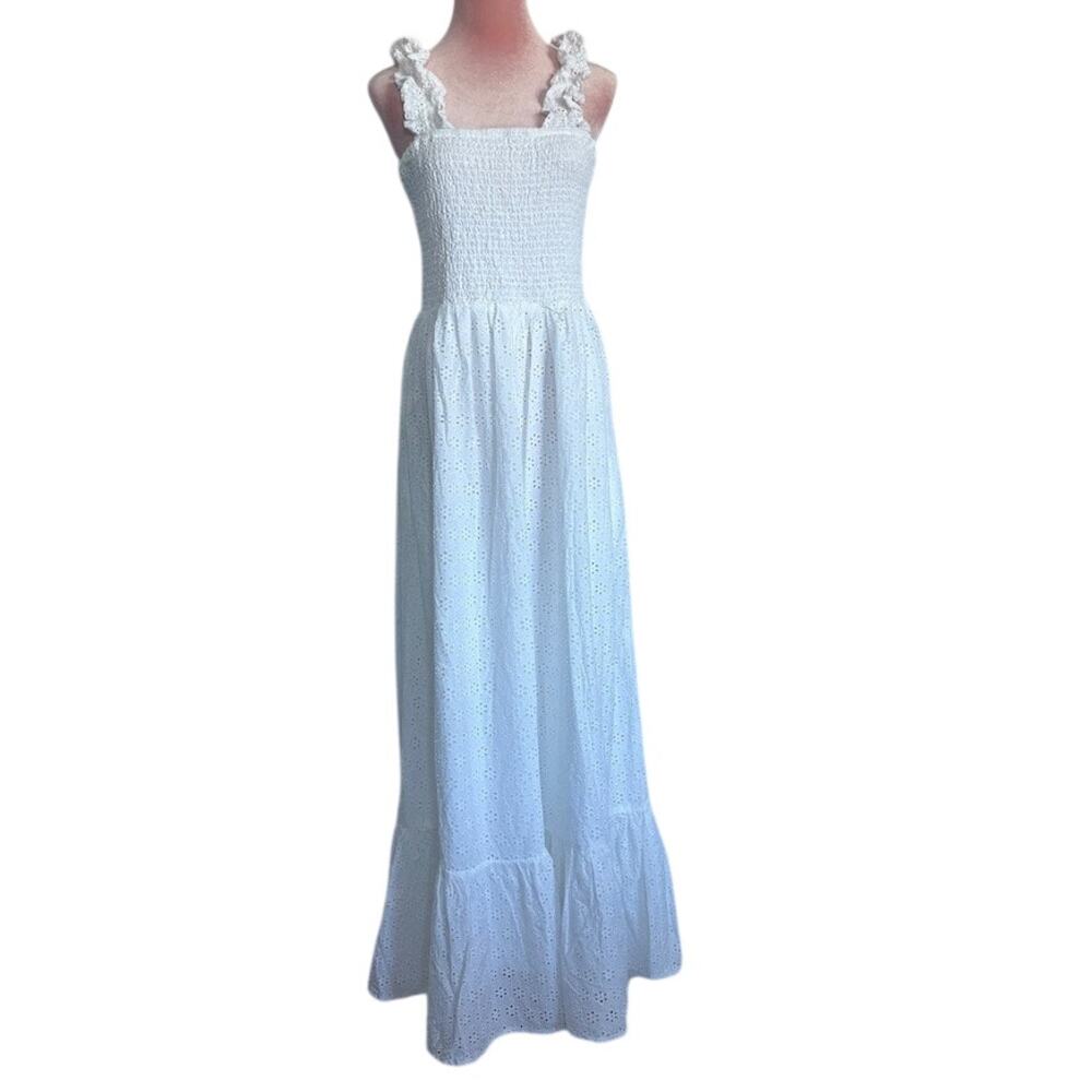 NWT Bobi Maxi Dress White 100% Cotton Eyelet Tube Top Ruffle Straps Pockets L